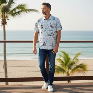 LEE Vintage Blue Hawaiian Style Ocean Palms Sailboat Fish Button Down Shirt XL